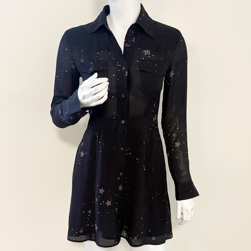 A.L.C. Silk Black Star Celestial Print Long Sleeve Button Down Mini Dress